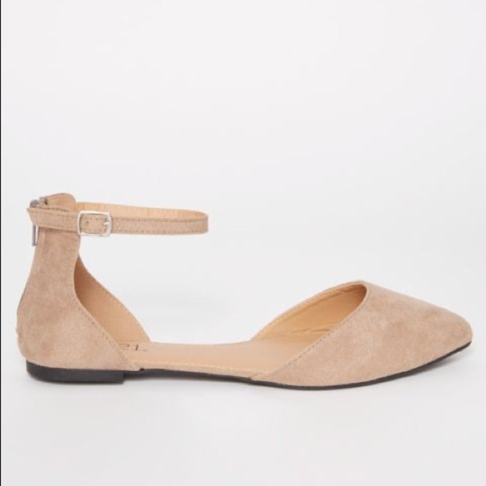 Beige Suede Pointed Flats with Ankle Strap